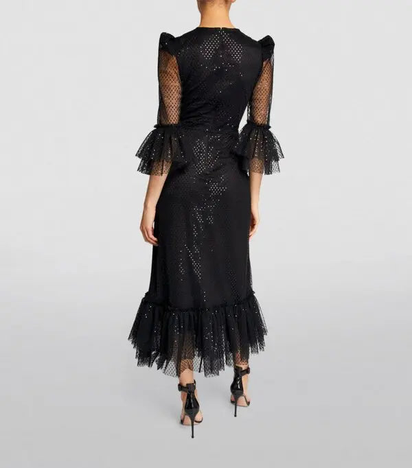 Black lace midi dress with tiered ruffle hem and mesh sleeves — The Vampire's Wife | Endless UAE