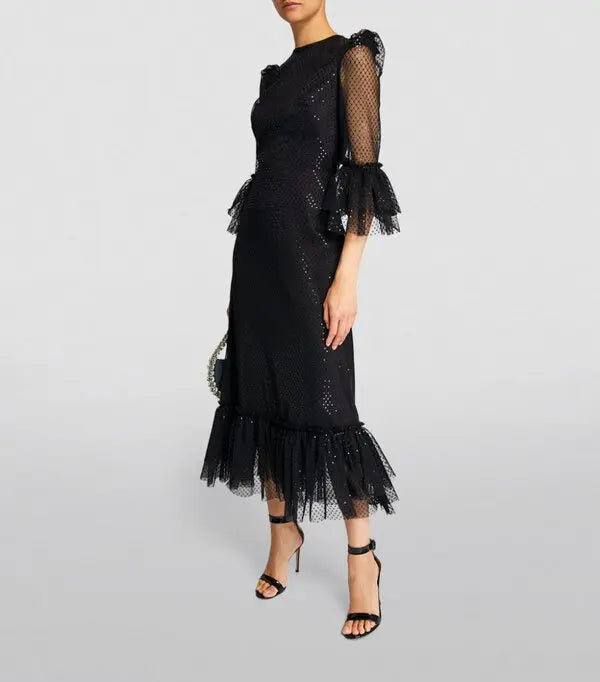 Black lace midi dress with tiered ruffle hem and mesh sleeves — The Vampire's Wife | Endless UAE