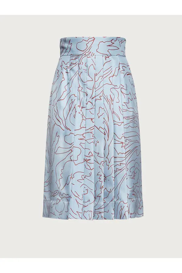 Pleated silk midi skirt in light blue with red abstract print pattern and high waist design — Ferragamo | Endless UAE