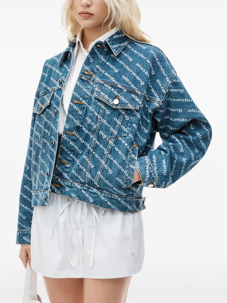 Logo Print Denim Jacket in blue with white shirt and shorts — Alexander Wang | Endless UAE