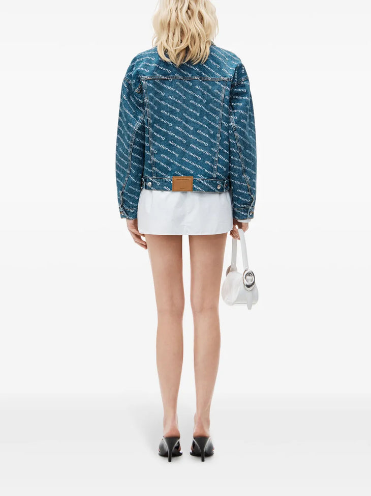 Logo Print Denim Jacket in blue with white shirt and shorts — Alexander Wang | Endless UAE