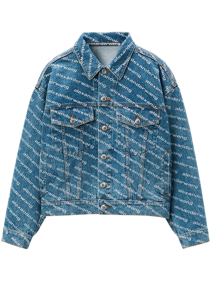 Logo Print Denim Jacket in blue with white shirt and shorts — Alexander Wang | Endless UAE