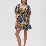 Gabrielle Plunge Mini Dress in black floral with puff sleeves and V-neckline — Aje | Endless UAE