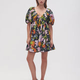 Gabrielle Plunge Mini Dress in black floral with puff sleeves and V-neckline — Aje | Endless UAE