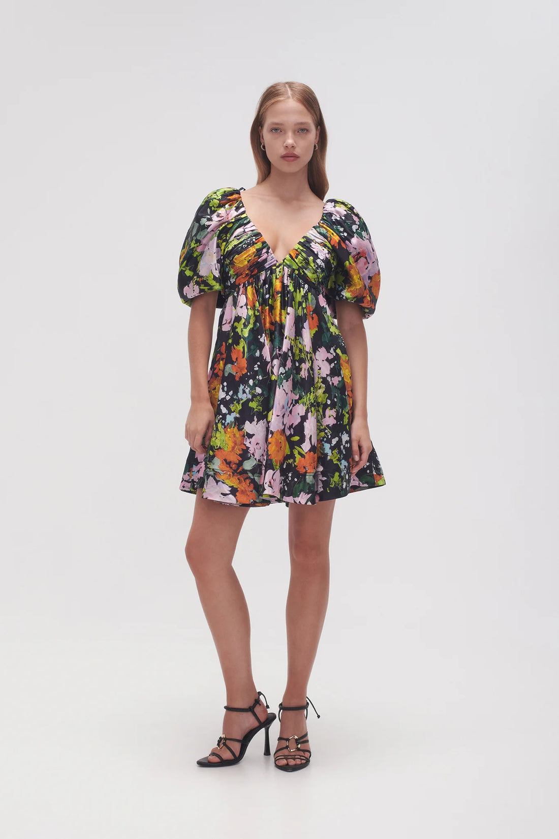 Gabrielle Plunge Mini Dress in black floral with puff sleeves and V-neckline — Aje | Endless UAE