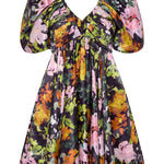 Gabrielle Plunge Mini Dress in black floral with puff sleeves and V-neckline — Aje | Endless UAE