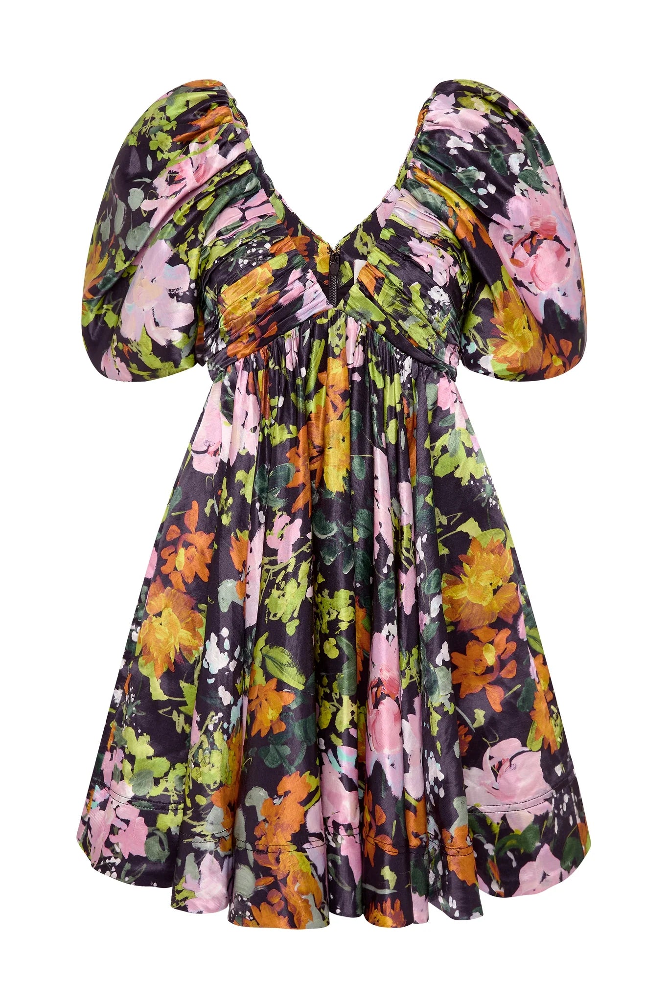 Gabrielle Plunge Mini Dress in black floral with puff sleeves and V-neckline — Aje | Endless UAE