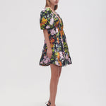 Gabrielle Plunge Mini Dress in black floral with puff sleeves and V-neckline — Aje | Endless UAE