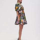 Gabrielle Plunge Mini Dress in black floral with puff sleeves and V-neckline — Aje | Endless UAE