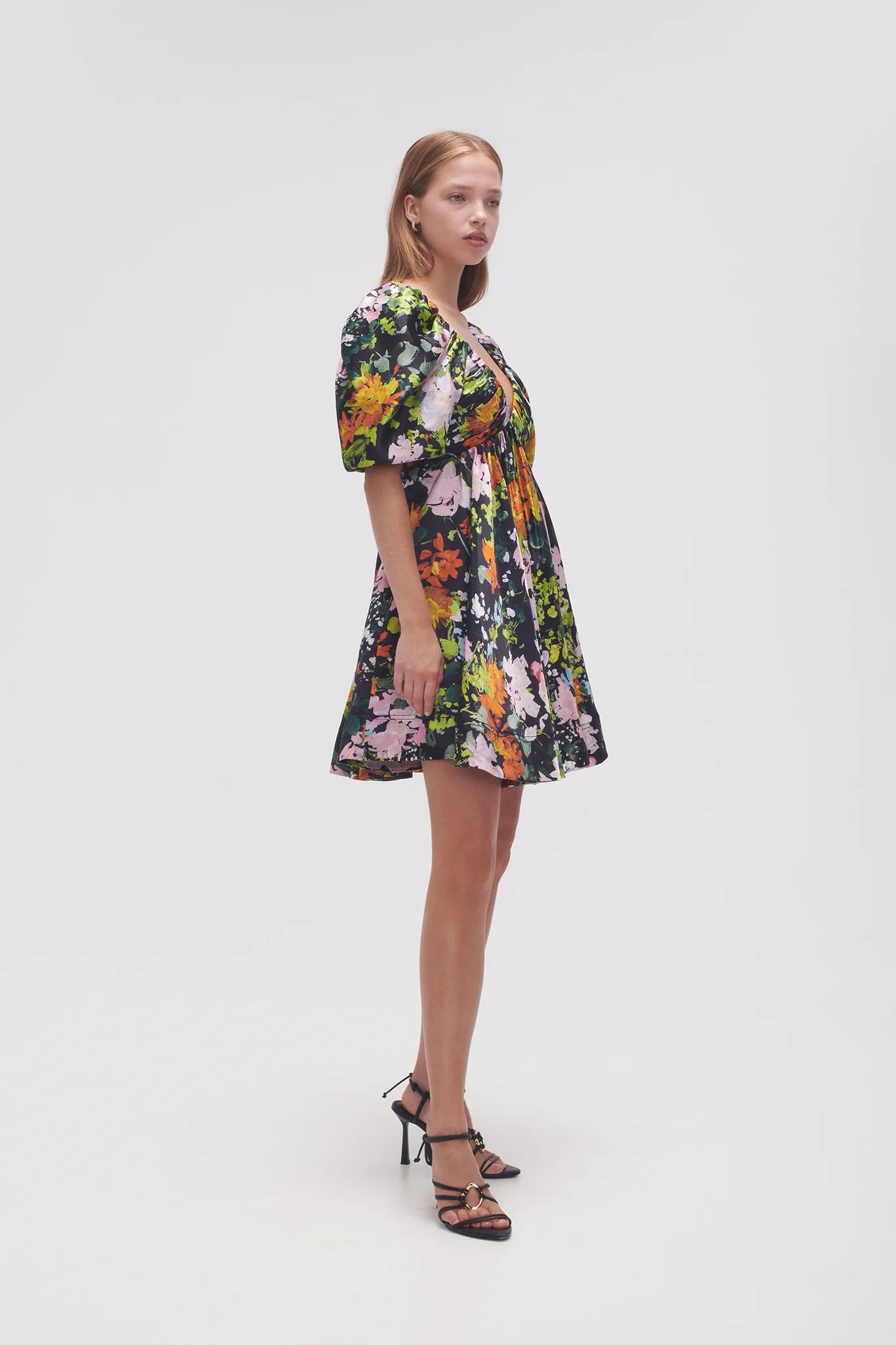 Gabrielle Plunge Mini Dress in black floral with puff sleeves and V-neckline — Aje | Endless UAE