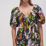 Gabrielle Plunge Mini Dress in black floral with puff sleeves and V-neckline — Aje | Endless UAE