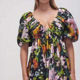 Gabrielle Plunge Mini Dress in black floral with puff sleeves and V-neckline — Aje | Endless UAE