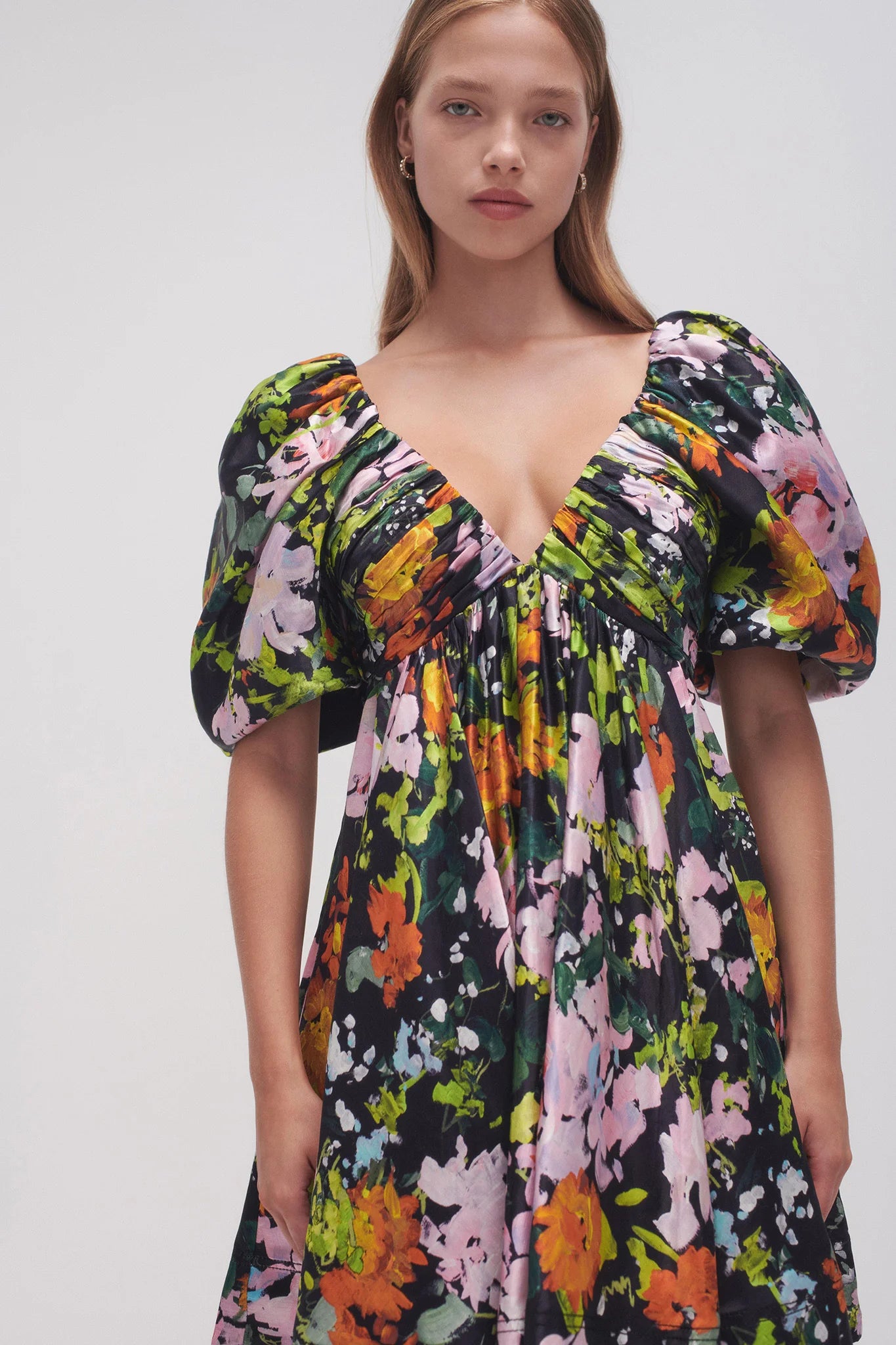 Gabrielle Plunge Mini Dress in black floral with puff sleeves and V-neckline — Aje | Endless UAE