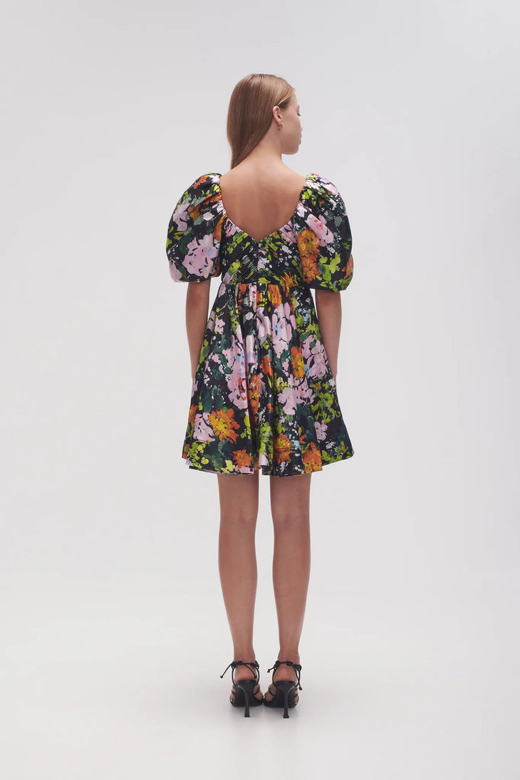 Gabrielle Plunge Mini Dress in black floral with puff sleeves and V-neckline — Aje | Endless UAE