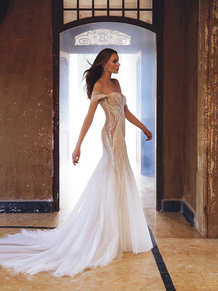 Augustine off-shoulder beaded mermaid wedding dress in ivory — Pen Liv | Endless UAE