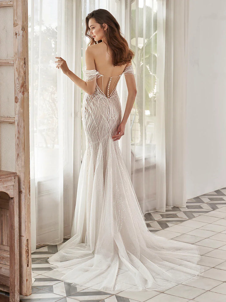 Augustine off-shoulder beaded mermaid wedding dress in ivory — Pen Liv | Endless UAE