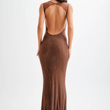 Jasmyn Hot Fix Maxi Dress With Mesh Back in bronze worn by woman against beach backdrop — Meshki | Endless UAE