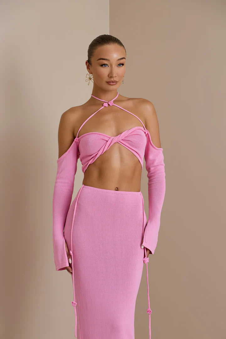 Pink halter neck co-ord set with cut-out twisted top and high-waisted maxi skirt with drawstring details — Endless | Endless UAE