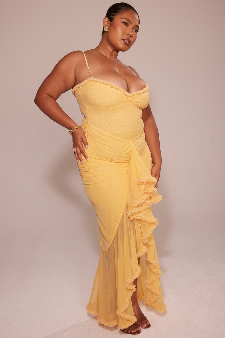 Elegant yellow ruched gown with ruffled trim and front slit, featuring spaghetti straps — House of CB | Endless UAE