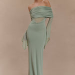 Sage green one shoulder maxi dress with draped mesh sleeves and cutout details — Meshki | Endless UAE