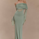 Sage green one shoulder maxi dress with draped mesh sleeves and cutout details — Meshki | Endless UAE