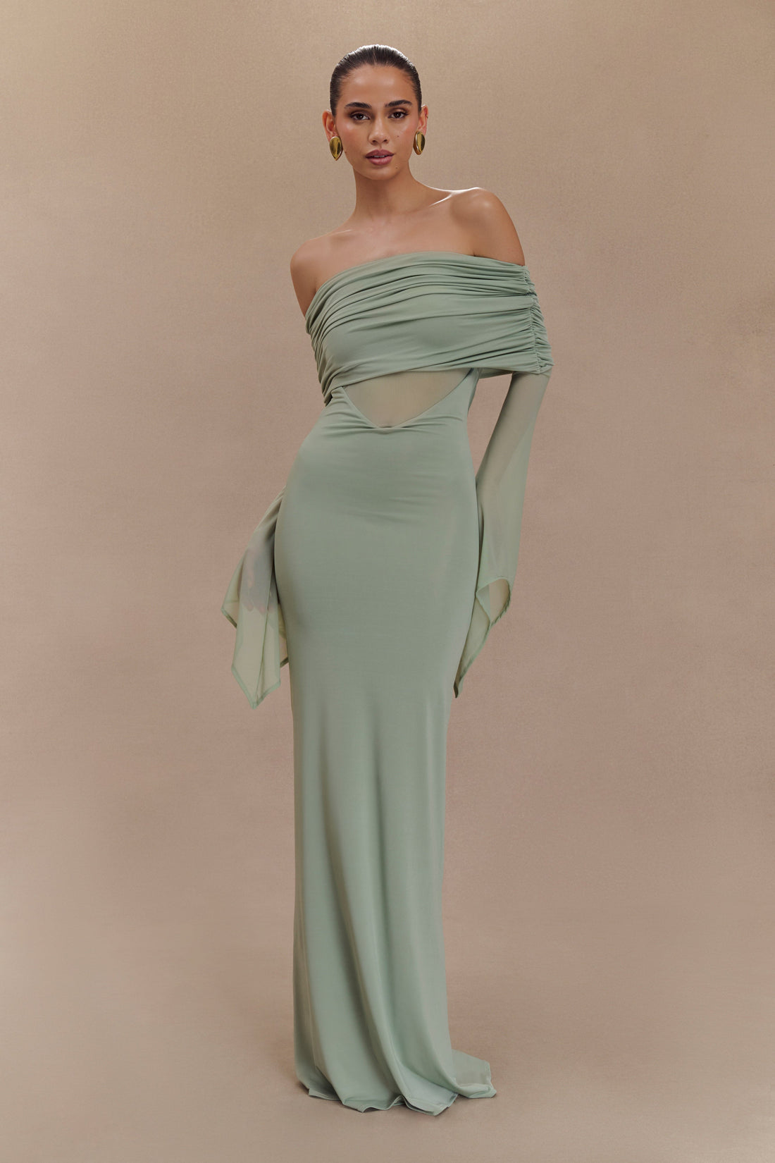 Sage green one shoulder maxi dress with draped mesh sleeves and cutout details — Meshki | Endless UAE