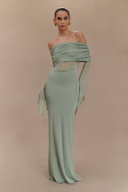 Sage green one shoulder maxi dress with draped mesh sleeves and cutout details — Meshki | Endless UAE