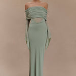 Sage green one shoulder maxi dress with draped mesh sleeves and cutout details — Meshki | Endless UAE