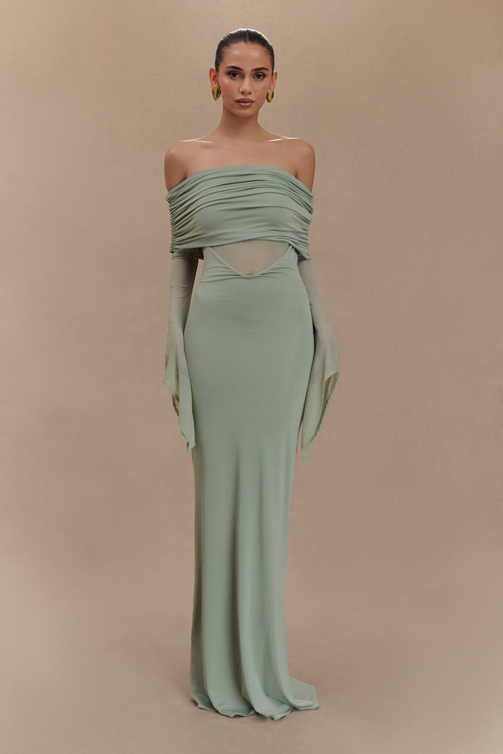 Sage green one shoulder maxi dress with draped mesh sleeves and cutout details — Meshki | Endless UAE