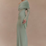 Sage green one shoulder maxi dress with draped mesh sleeves and cutout details — Meshki | Endless UAE