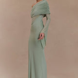 Sage green one shoulder maxi dress with draped mesh sleeves and cutout details — Meshki | Endless UAE
