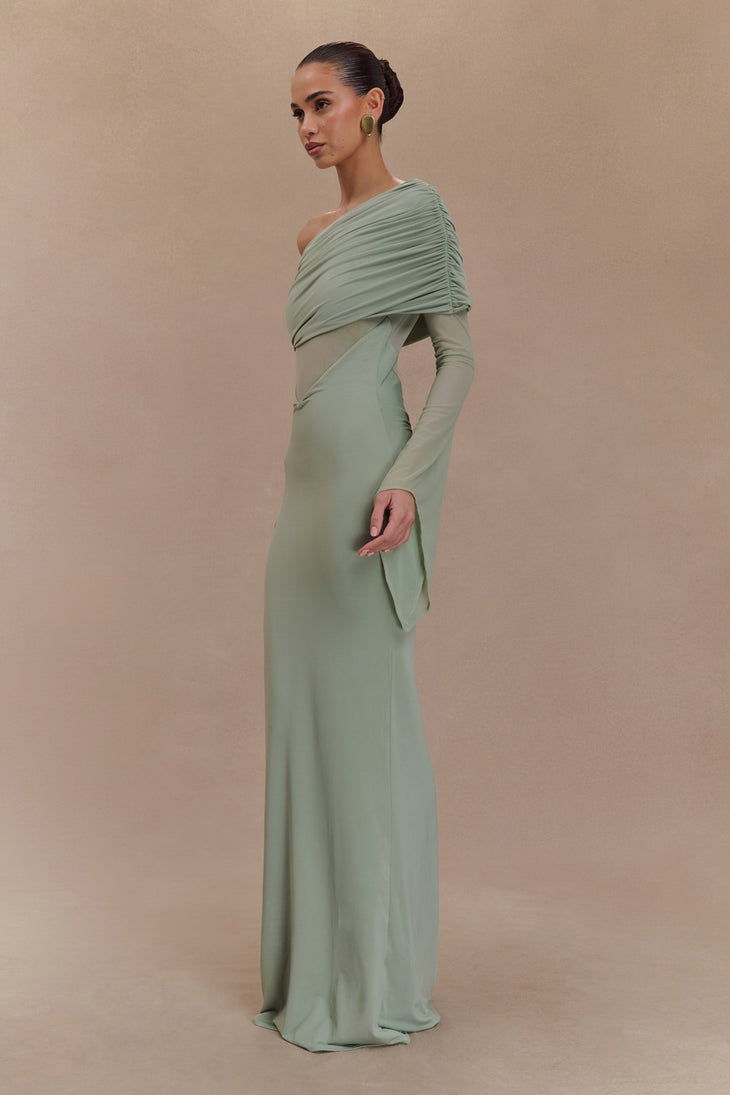Sage green one shoulder maxi dress with draped mesh sleeves and cutout details — Meshki | Endless UAE