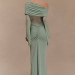 Sage green one shoulder maxi dress with draped mesh sleeves and cutout details — Meshki | Endless UAE