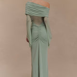 Sage green one shoulder maxi dress with draped mesh sleeves and cutout details — Meshki | Endless UAE