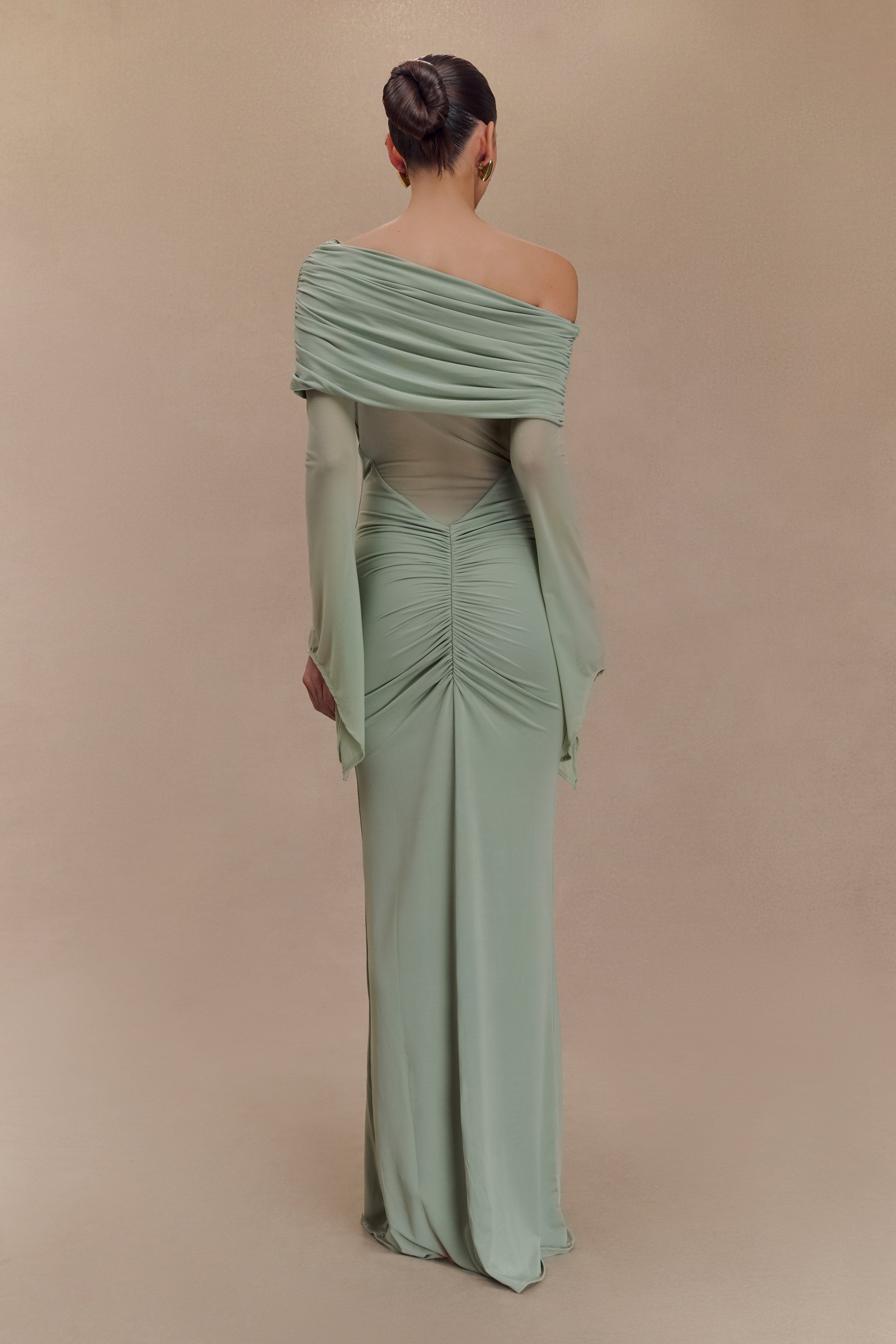 Sage green one shoulder maxi dress with draped mesh sleeves and cutout details — Meshki | Endless UAE