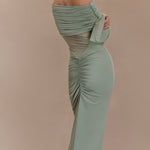 Sage green one shoulder maxi dress with draped mesh sleeves and cutout details — Meshki | Endless UAE
