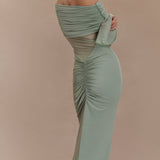 Sage green one shoulder maxi dress with draped mesh sleeves and cutout details — Meshki | Endless UAE