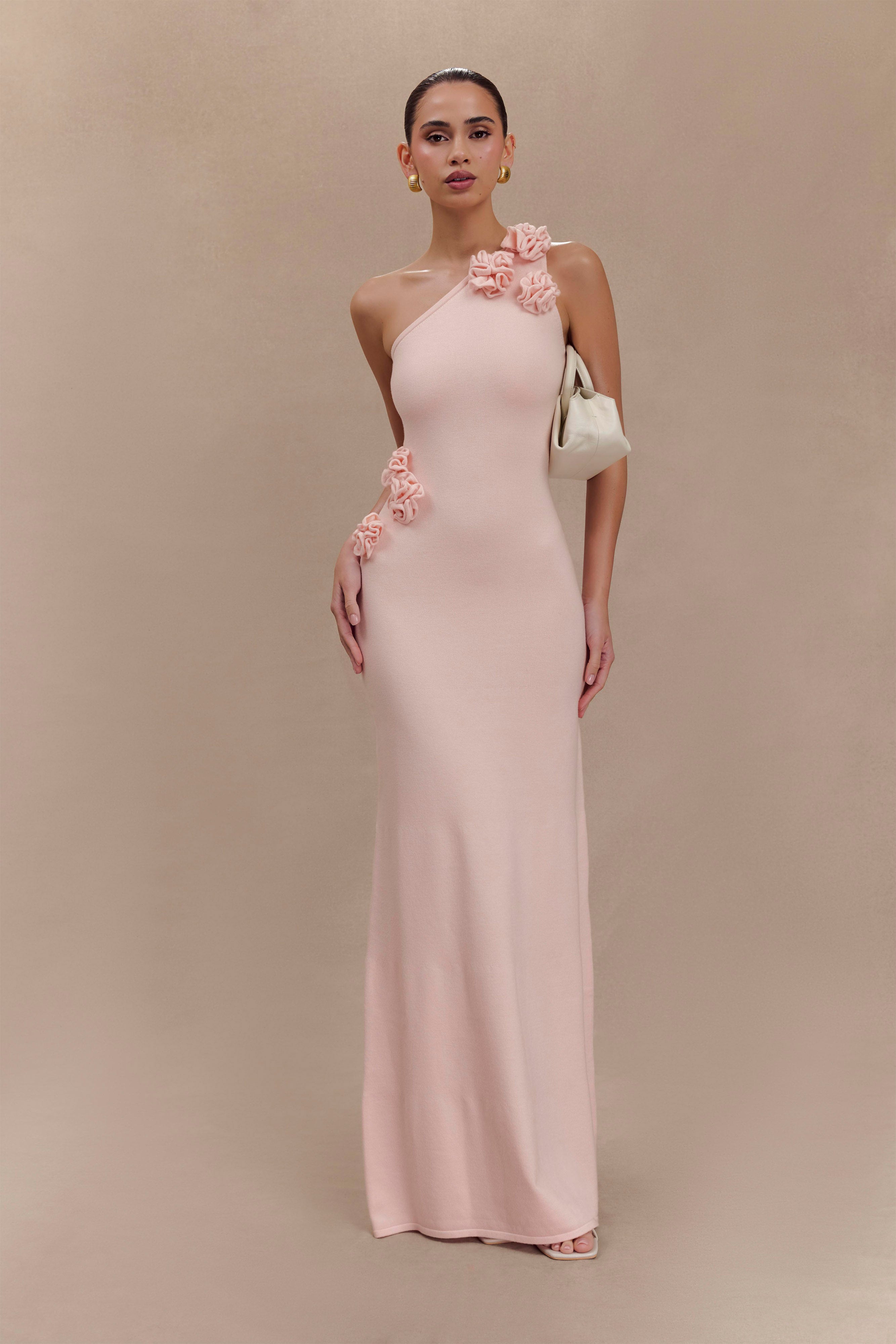Woman wearing pale pink one-shoulder knit maxi dress, back view against neutral background — Meshki | Endless UAE