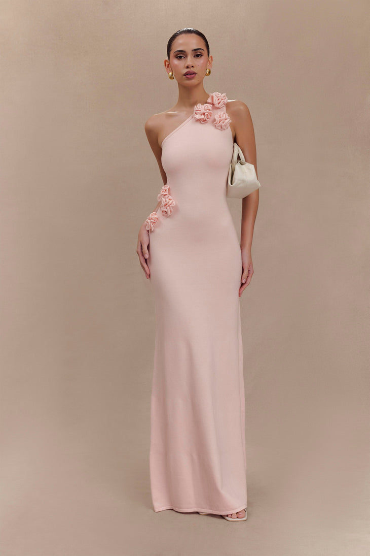 Woman wearing pale pink one-shoulder knit maxi dress, back view against neutral background — Meshki | Endless UAE