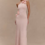 Woman wearing pale pink one-shoulder knit maxi dress, back view against neutral background — Meshki | Endless UAE
