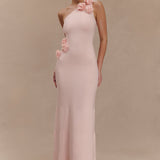 Woman wearing pale pink one-shoulder knit maxi dress, back view against neutral background — Meshki | Endless UAE