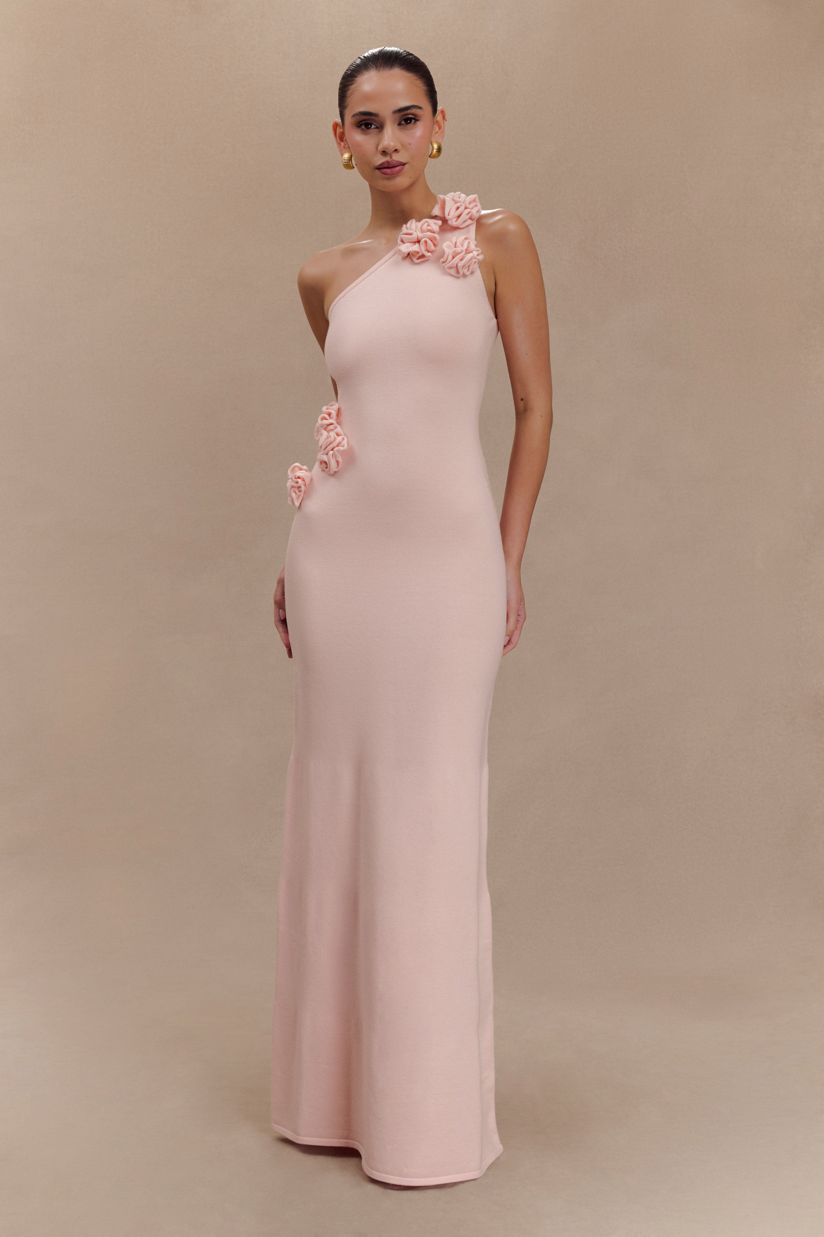 Woman wearing pale pink one-shoulder knit maxi dress, back view against neutral background — Meshki | Endless UAE