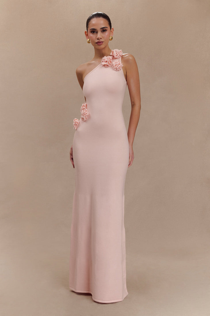 Woman wearing pale pink one-shoulder knit maxi dress, back view against neutral background — Meshki | Endless UAE