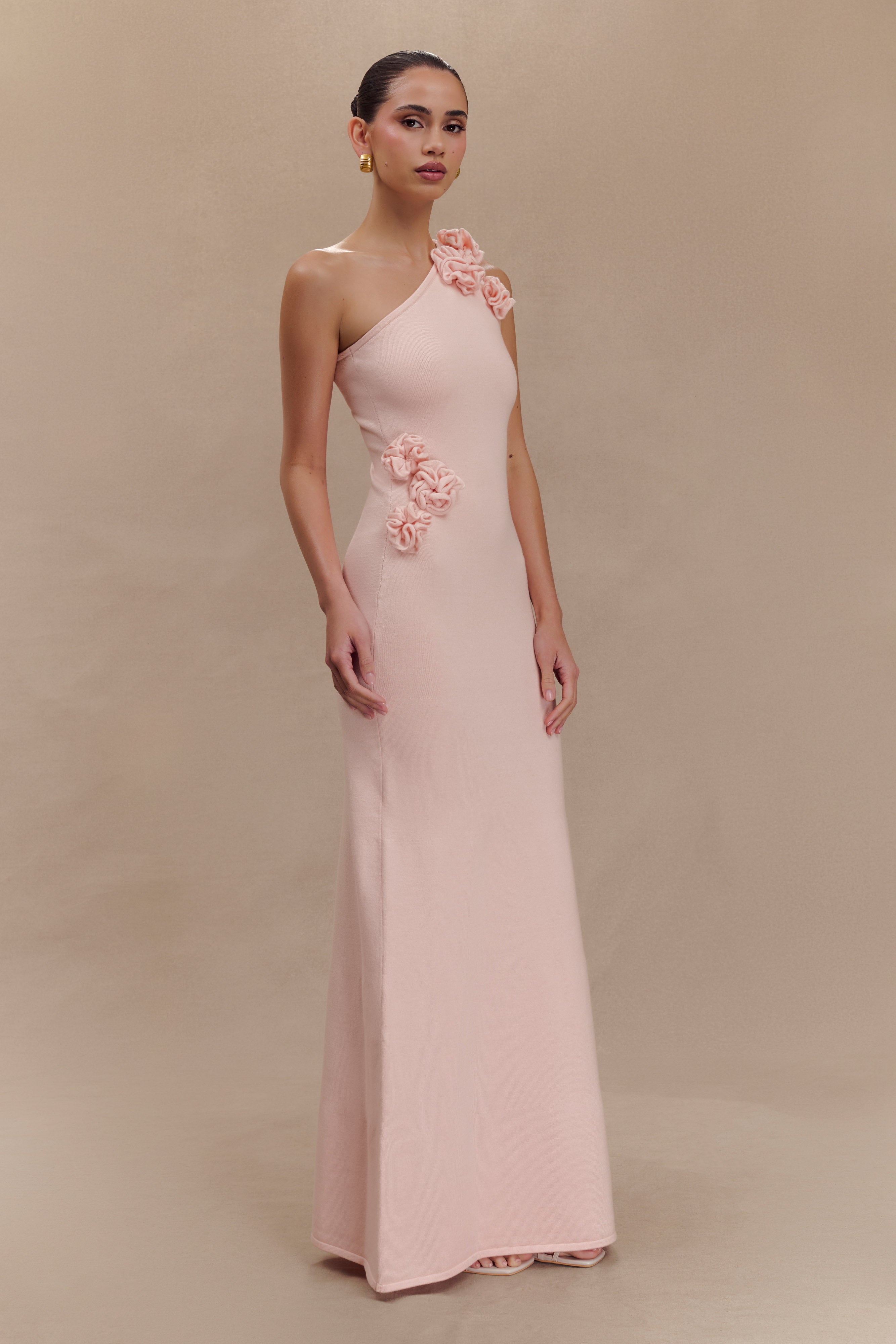 Woman wearing pale pink one-shoulder knit maxi dress, back view against neutral background — Meshki | Endless UAE
