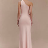 Woman wearing pale pink one-shoulder knit maxi dress, back view against neutral background — Meshki | Endless UAE