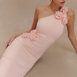 Woman wearing pale pink one-shoulder knit maxi dress, back view against neutral background — Meshki | Endless UAE