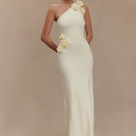 Woman modeling cream one-shoulder maxi dress with floral embellishment — Meshki | Endless UAE
