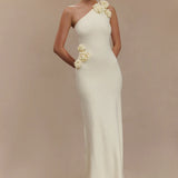 Woman modeling cream one-shoulder maxi dress with floral embellishment — Meshki | Endless UAE