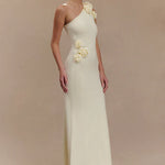 Woman modeling cream one-shoulder maxi dress with floral embellishment — Meshki | Endless UAE