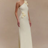 Woman modeling cream one-shoulder maxi dress with floral embellishment — Meshki | Endless UAE